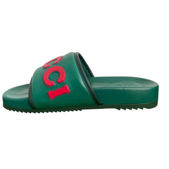 GUCCI  Jumbo Logo Embossed Slide Sandals Italian Leather Green Men's Size G9 NEW - Picture 3 of 12